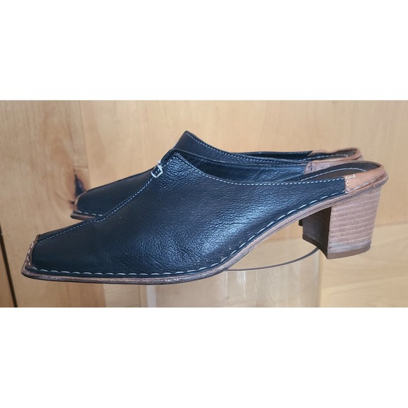 Linea Italian Black Leather EU 39 US 8.5 Square Toe Mules Made Italy Block Heel - Picture 3 of 7